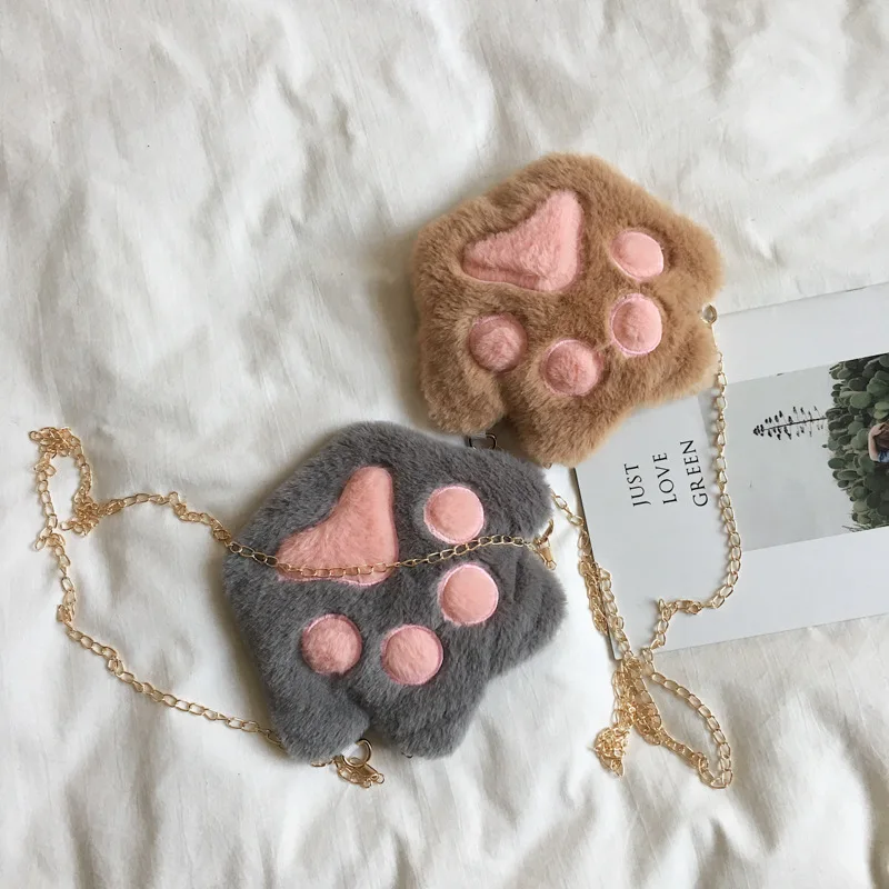 Cute Bear Paw Girls Chain torba na ramię na zamek piękne dziecięce miękkie pluszowa portmonetka Baby Boys akcesoria małe torby typu Crossbody