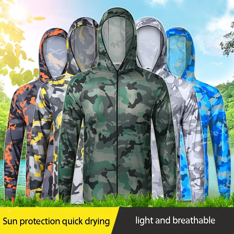 

Sun Protection Fishing Top Camouflage Hooded Long Sleeve Fishing Shirt with Face Mask Breathable Quick Drying Fishing Clothes