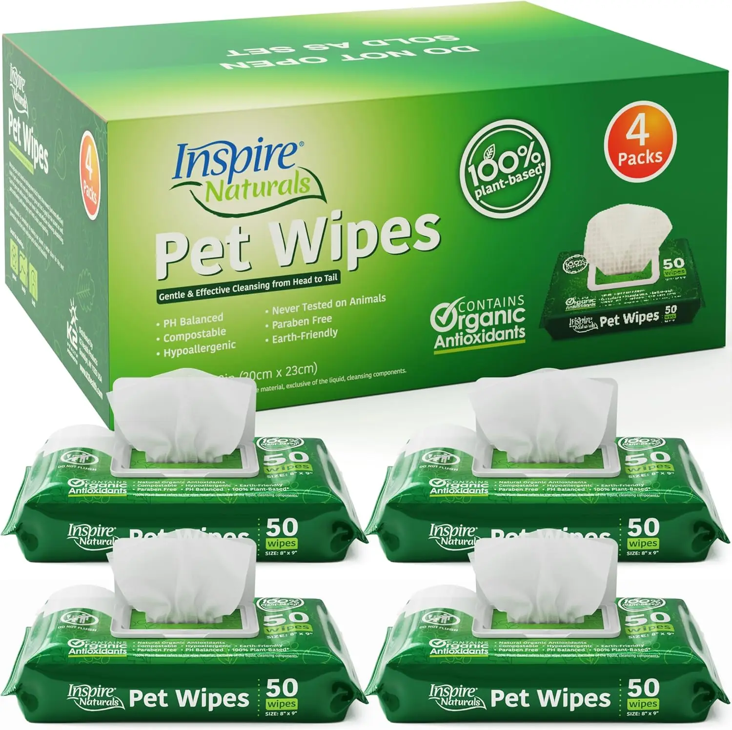 

Natural Plant Based Pet Wipes for Dogs and Cats with Organic Antioxidants for Cleaning and Deodorizing 200 Count