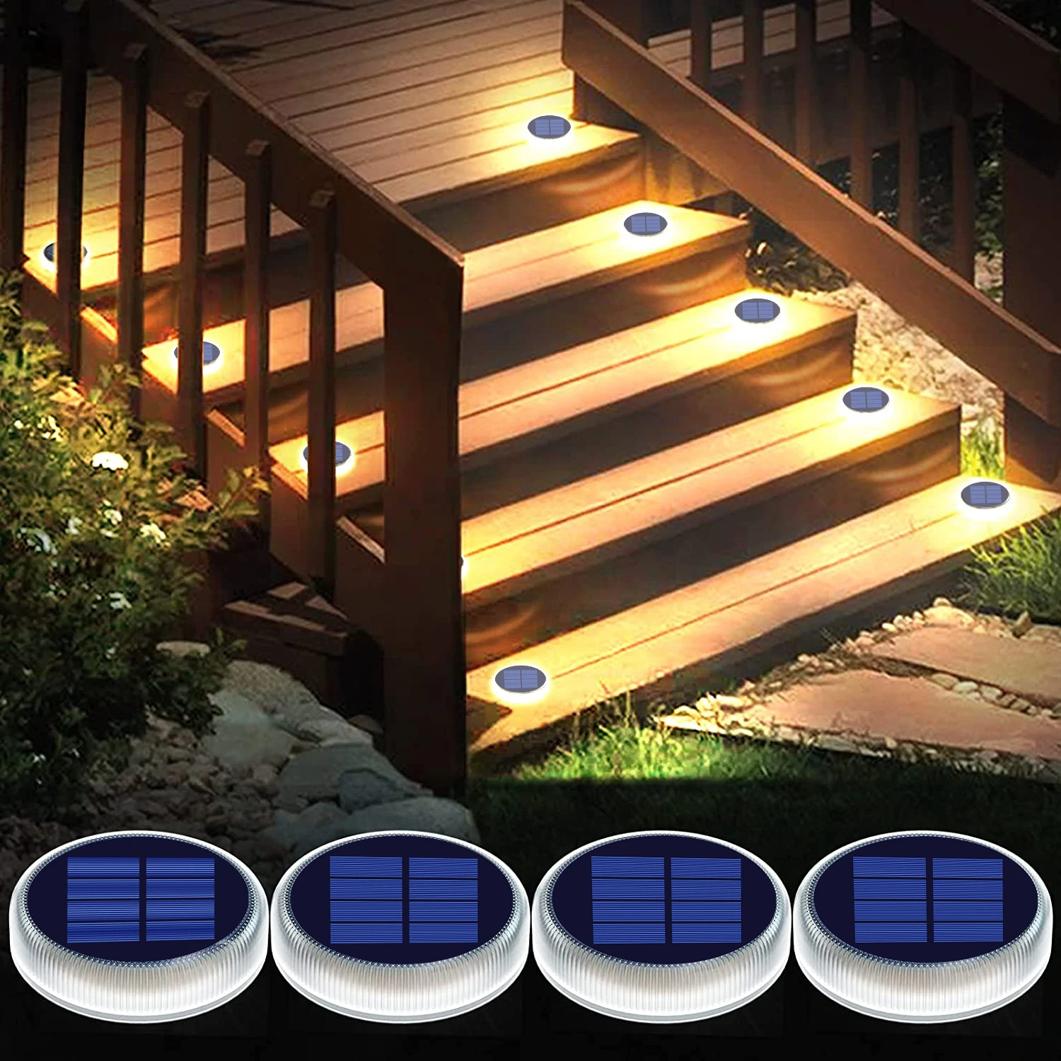 

Solar Deck Lights 4 Pack Disk Light IP68 Waterproof Garden Decor Railing Stairs Step Fence Yard Patio And Pathway Outdoor Light