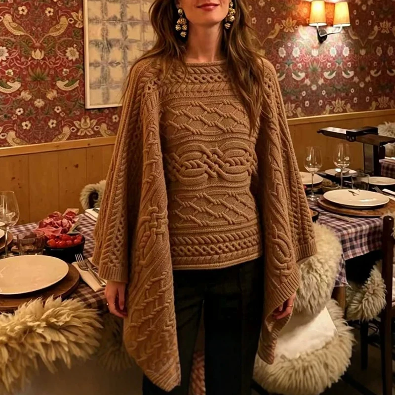 Vintage Women's Christmas Sweater Pullover Autumn Winter O Neck Bat Sleeve Knitted Top Casual Solid Color Loose Cloak Sweater