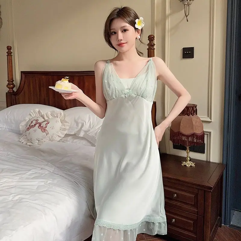 

2025 Summer Sexy Lace Lingerie Spaghetti Strap Silk Satin Nightgowns for Women Cute Sleepwear Night Dress Nightdress Home Nighty