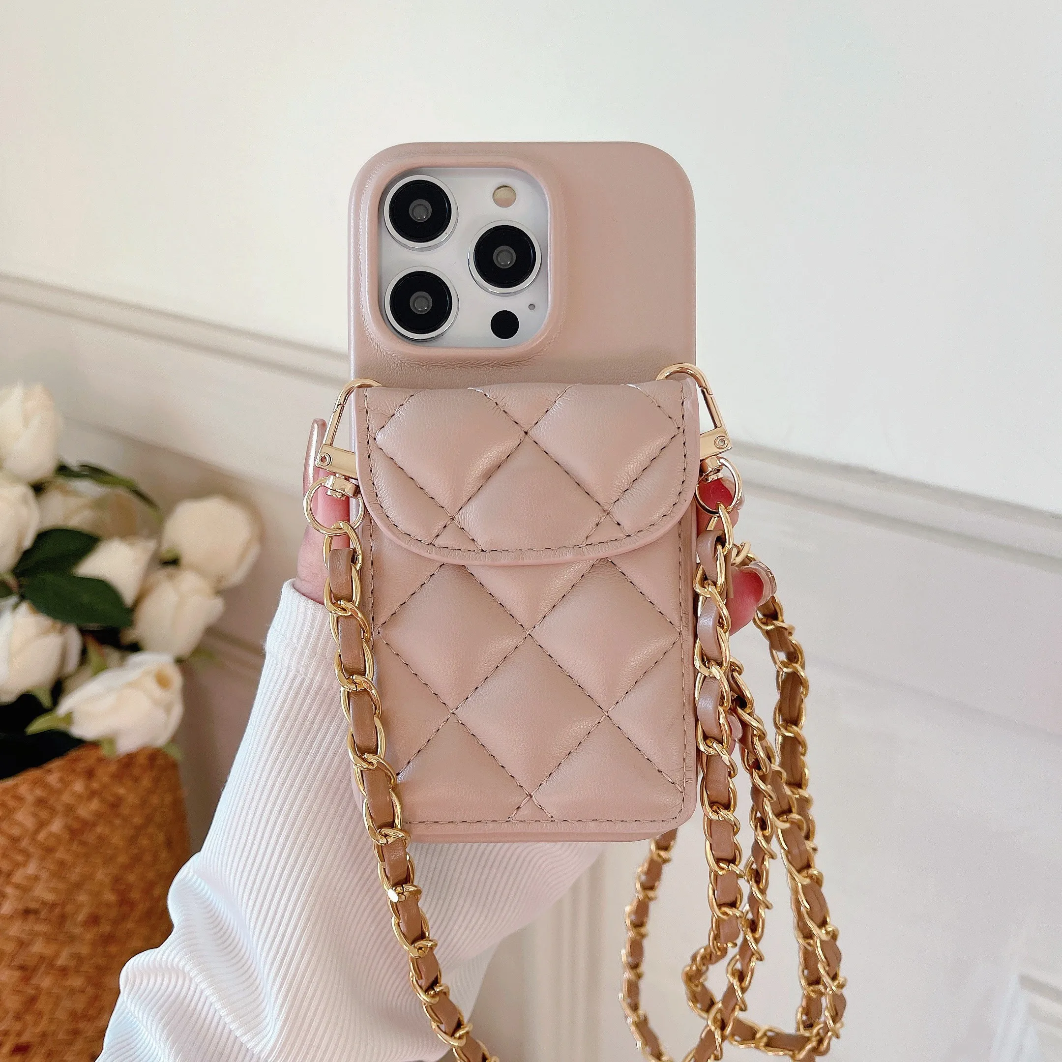 Luxury Rhombic Leather Case For Iphone 15 Pro Max 14 Plus 13 12 11 Crossbody Chain Shoulder Protective Wallet Phone Cover Funda