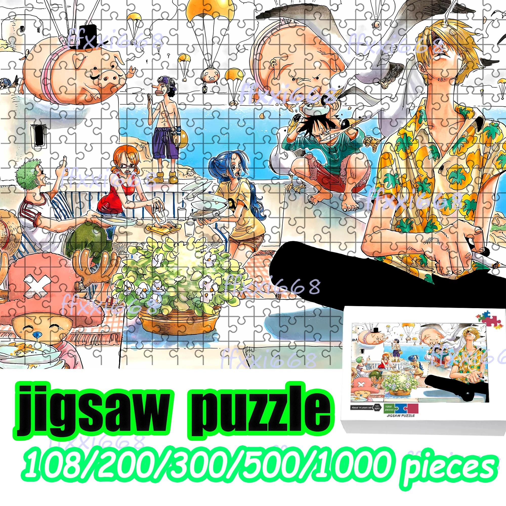 

Деревянный напольный пазл One Piece (Луффи, Чоппер, Зоро, Нами) из 108/200/300/500/1000 элементов, портативная игра для вечеринок, высококачественный подарок, веселое развлечение