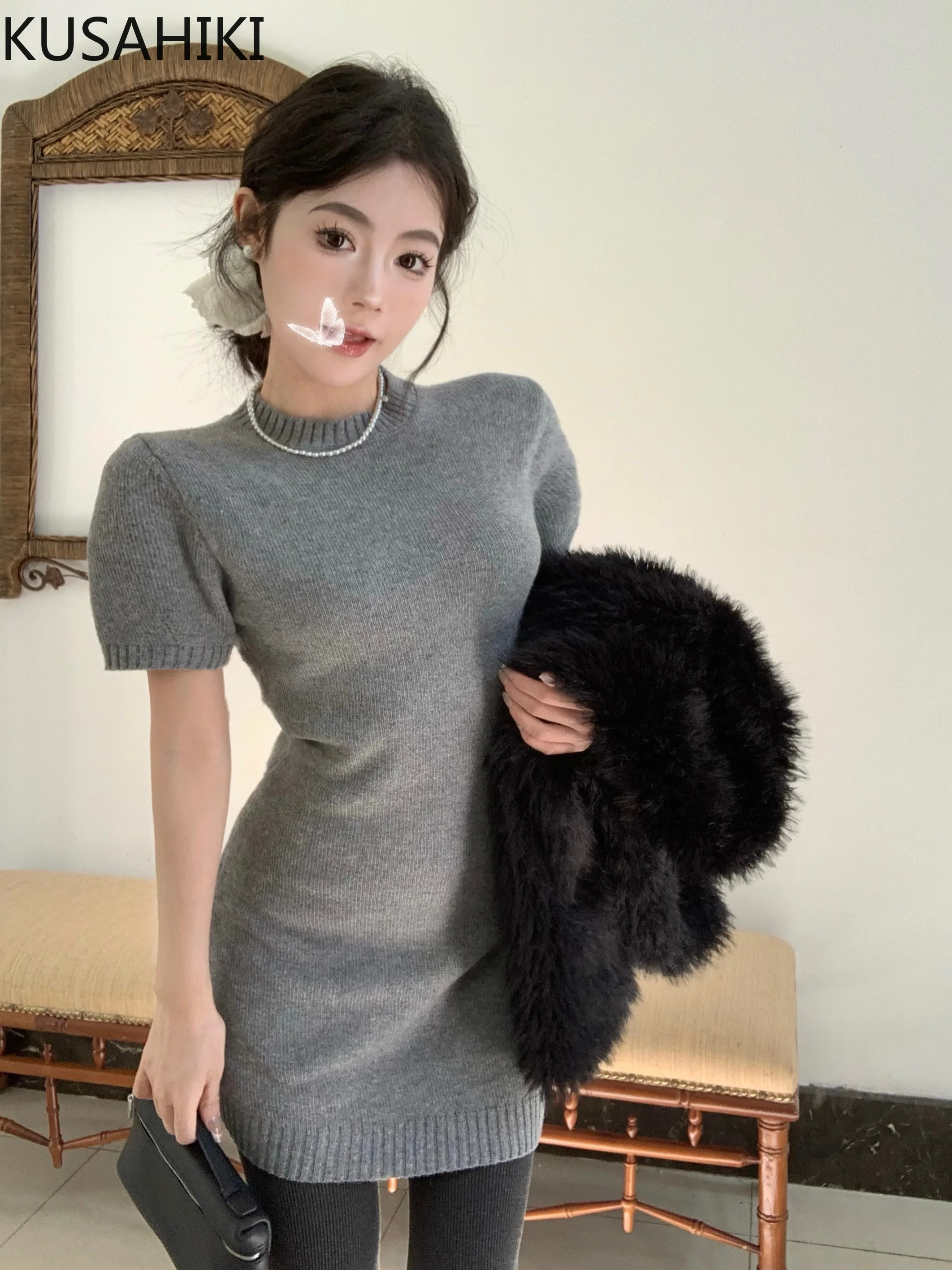 KUSAHIKI Gray Half High Collar Short Sleeve Knitted Dress Women Winter Slim Spicy Girl Base Sweater Mini Vestidos De Mujer