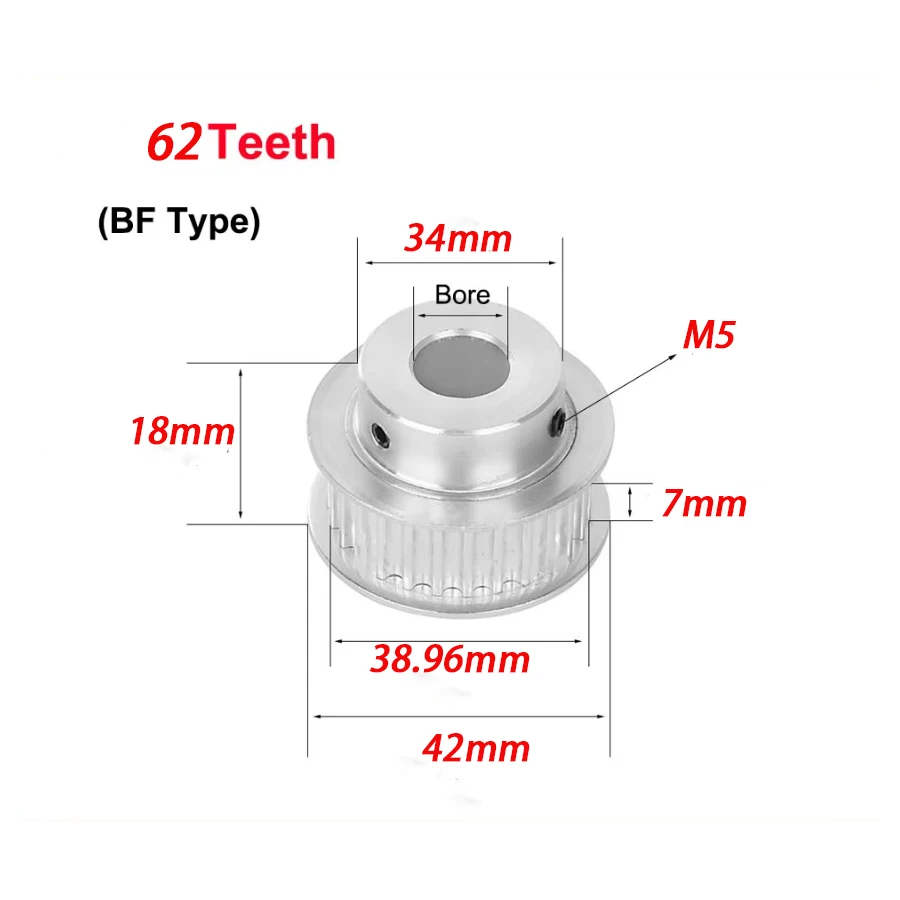 1Pcs 2GT 62T/64Toothed M5 BF Type Synchronous Wheel Width 7mm Aperture 5/6/8/10~20mm Printer Synchronous Belt Wheel