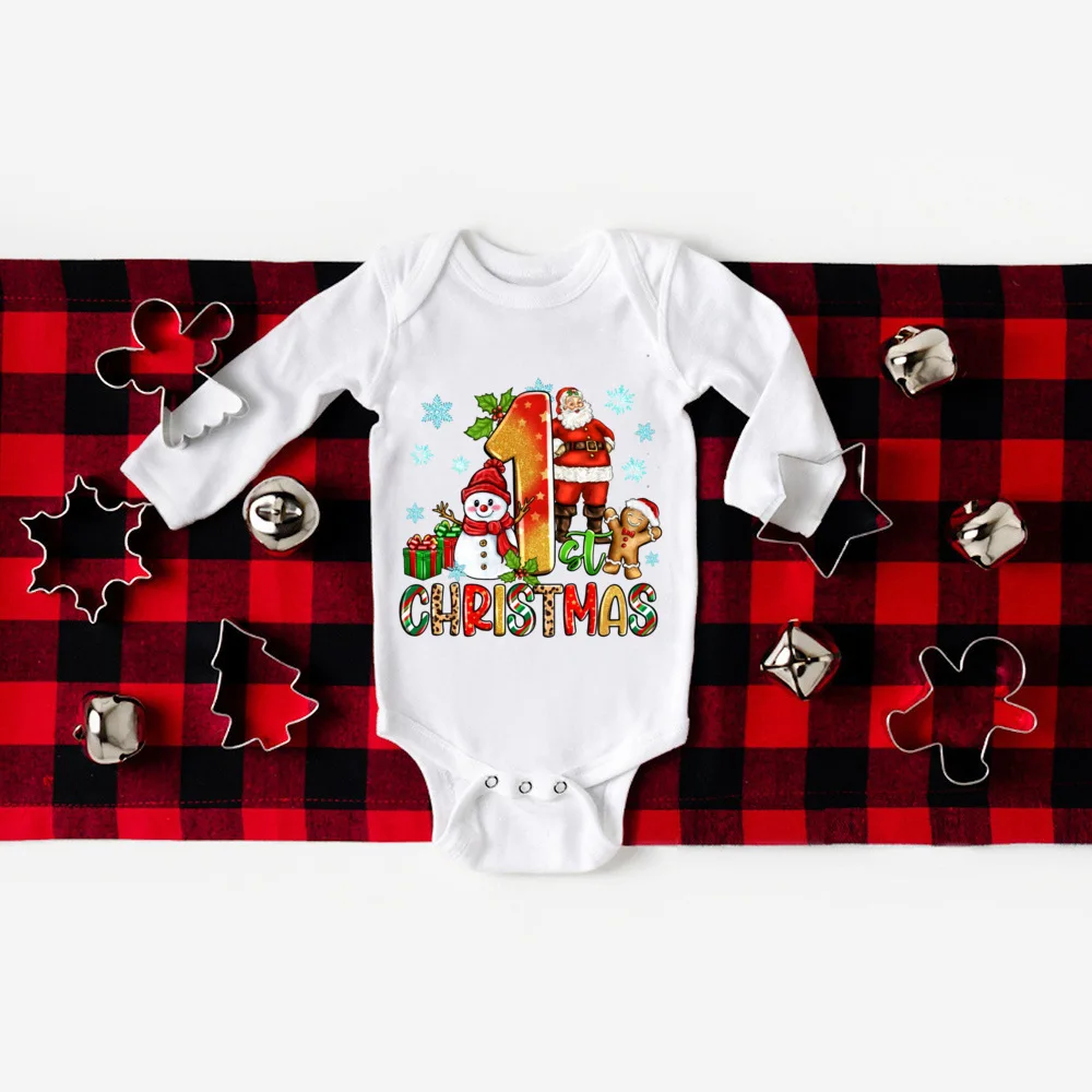 My First Christmas Printed Newborn Bodysuit Baby Long Sleeve Romper Boys Girls Holiday Outfit Xmas Party Toddler Outfit Jumpsuit