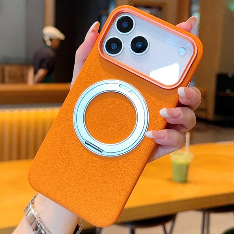 

Чехол для iPhone 17 Pro Max 17 Pro, модный вращающийся кронштейн из искусственной кожи, магнитная задняя крышка Magsafe для iPhone 17 Pro, бампер в виде ракушки