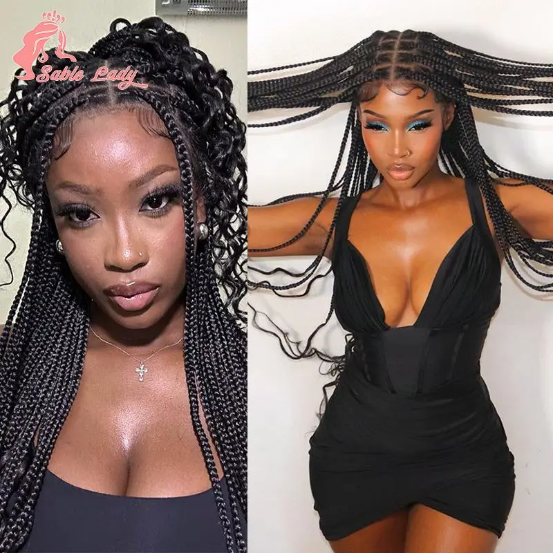 18 Inch Synthetic Boho Braided Wigs Knotless Braided Lace Wigs with Curly Ends Lace Front Braiding Hair Wig for Black Women