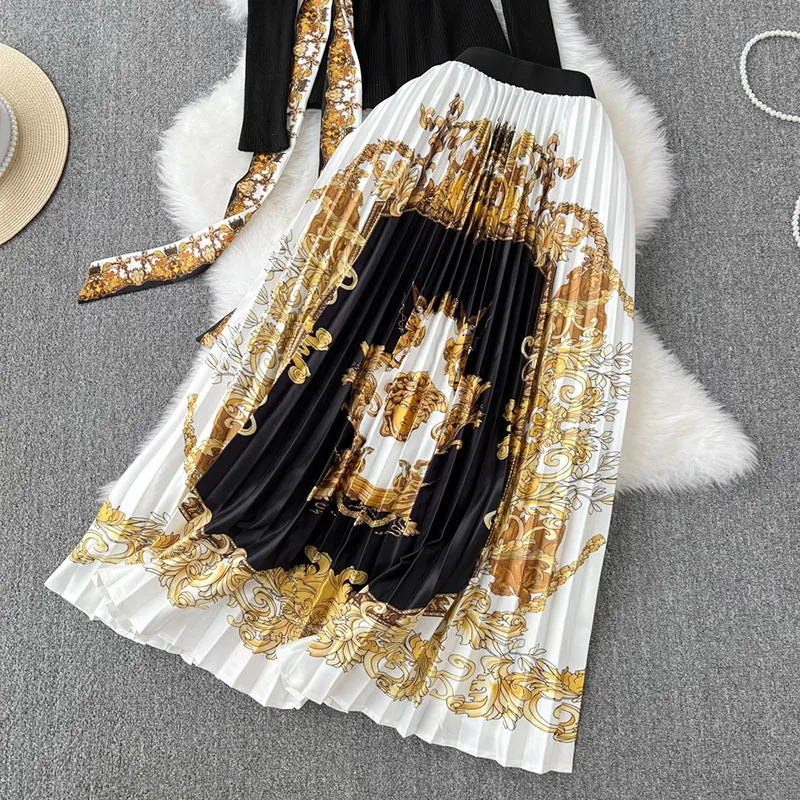 Women Casual Elegant Street Party Two-piece Set Autumn Slim Knit Top High Waist Printed Pleated Skirt Two-piece Set for Women