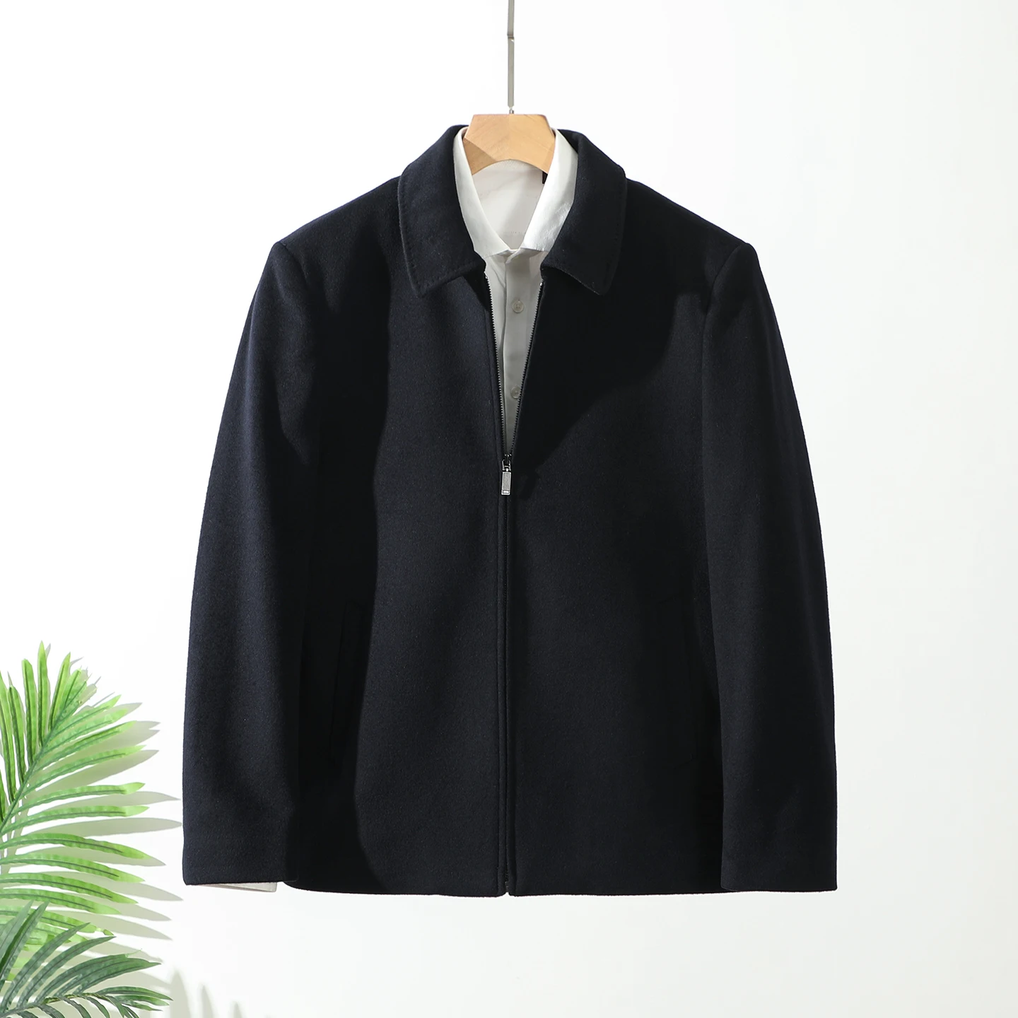 

Busin Commute Casual Woolen Zipper Jaet Men's Warm Outerwear Pure Color Turn-down Collar 96% Merino Wool 4% Polyester