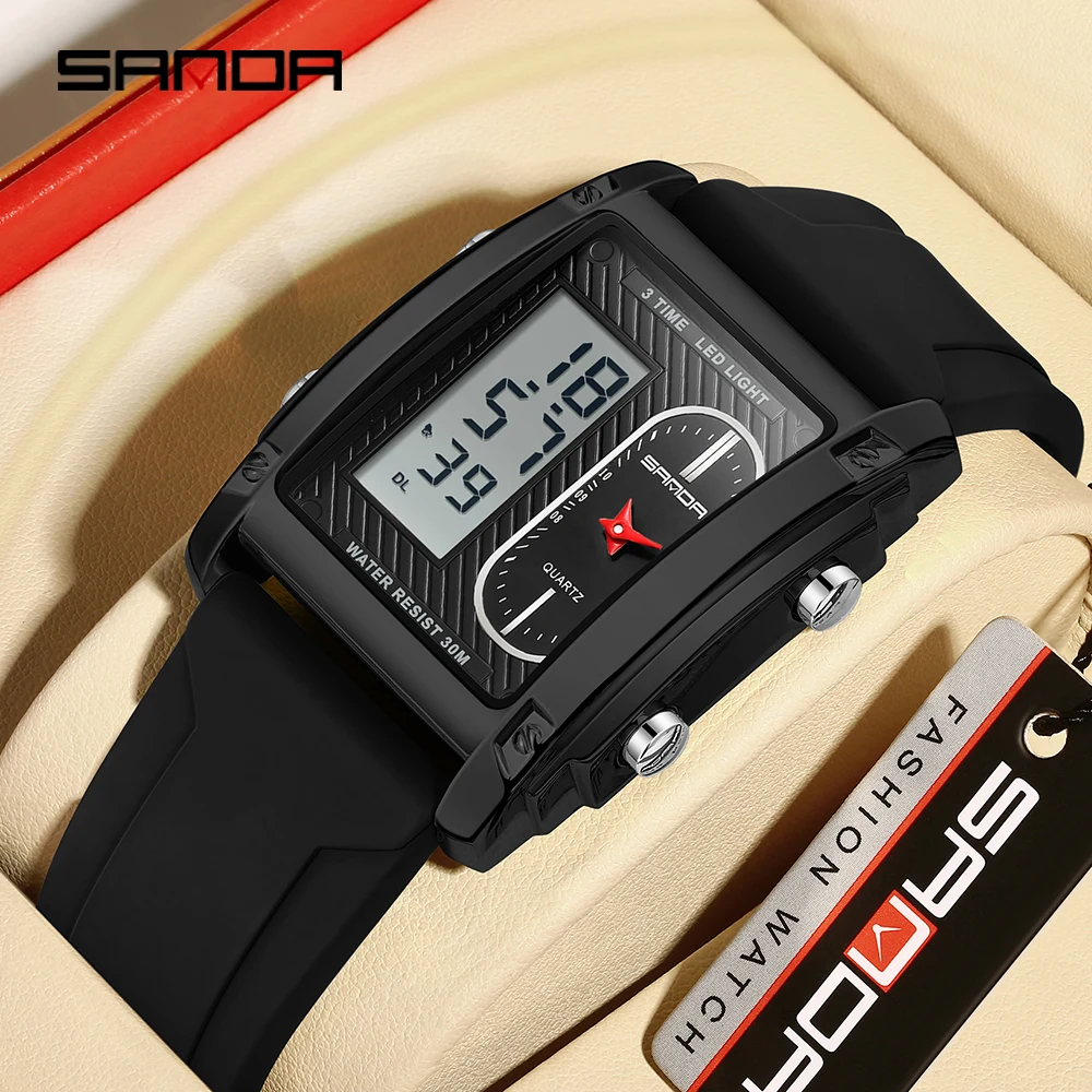 

SANDA 3328 Brand Luxury Watches for Men Quartz Wristwatch Square Gold Stainless Steel LED Digital Clock Relogio Masculino