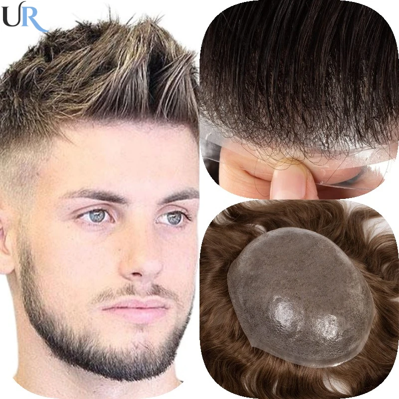 Tóc Nam Chân Giả Full Da Phẳng V-Vòng Toupee Dành Cho Nam 0.06-0.08 Mm Đế HairToupee Dành Cho Nam