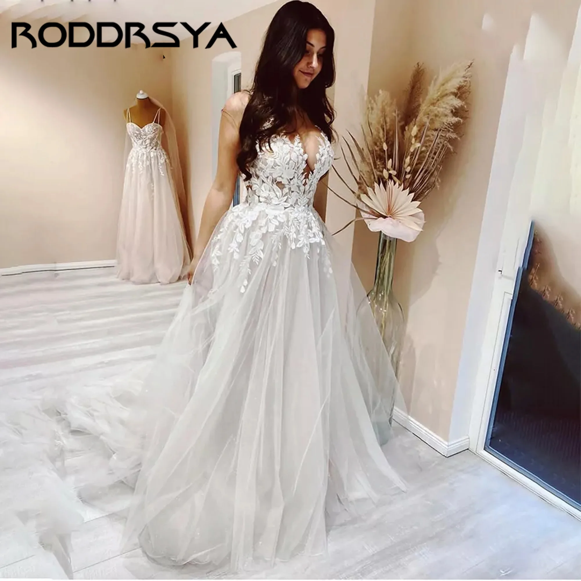 

RODDRSYA V-Neck Sexy Wedding Dresses Sleeveless Tulle Lace Appliques A-Line Bridal Gowns Train Vestido De Novia 2025 Customized