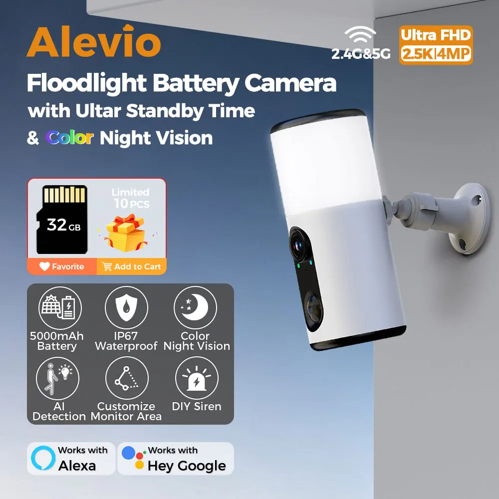 

ALEVIO Solar Camera WIFI Outdoor Wireless Security Camera Ultra Standby Time Color Vision AI Detect 2.5K Battery Floodlight Cam