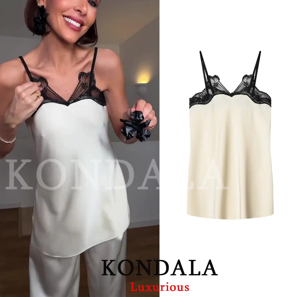 KONDALA Elegantes, sexy schickes Damen-Camisole-Top mit Spitzen-Patchwork, Party-Satin-Top, modisch, Frühling/Sommer 2026, für den Urlaub und Abendveranstaltungen, Y2K-Top