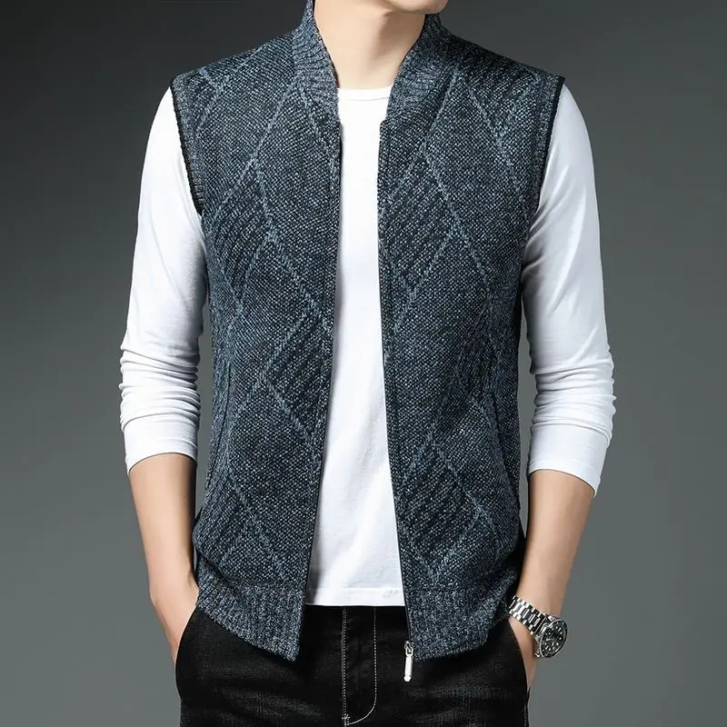 Men's Fashion Striped Knit Varsity Jacket Slim Fit No Sleeve Cardigan Vest Outerwear Autumn Winter Layering Top