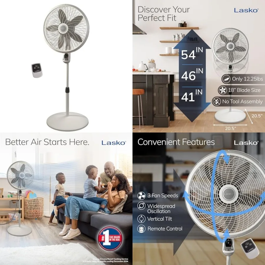

Cyclone Pedestal Fan, Adjustable Height, Remote Control, Timer, 3 Speeds, for Bedroom, Kitchen, Office and Living Room, 18", Wh