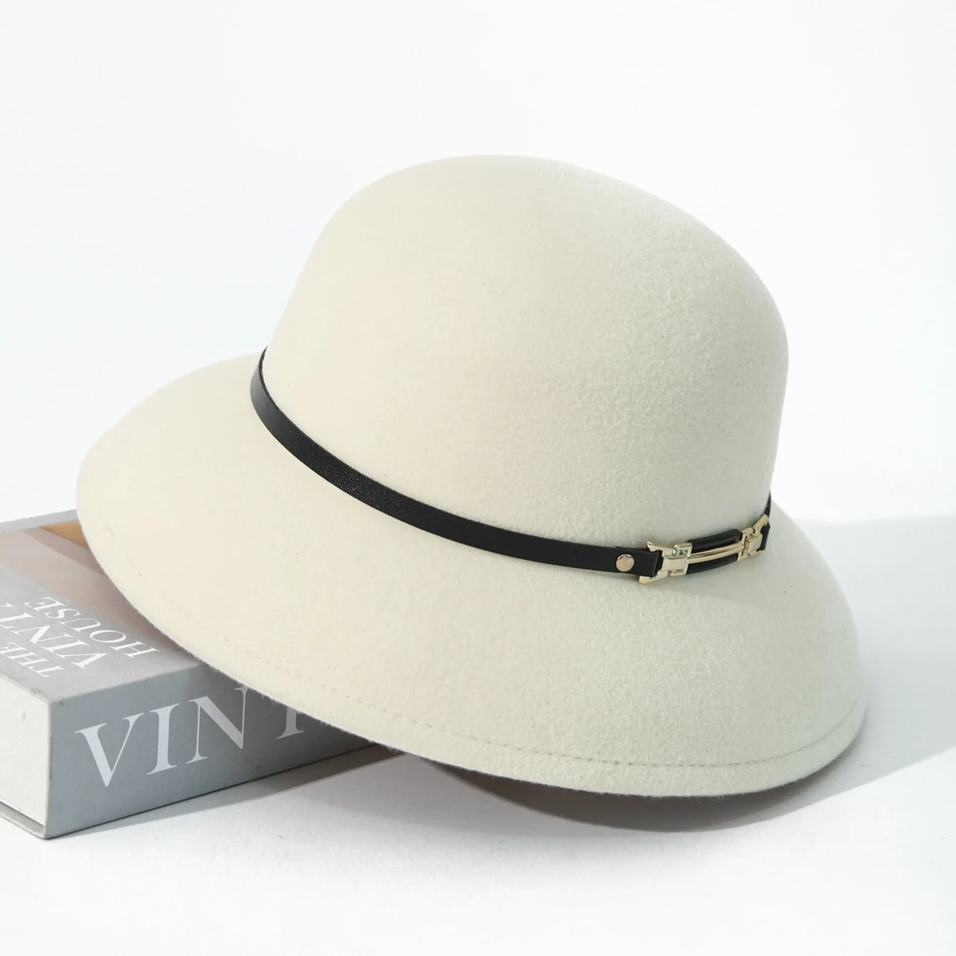 Hepburn Pure Wool Bucket Hat with Belt, Autumn Winter Fisherman Cap, Sombrero de olla de lana pura