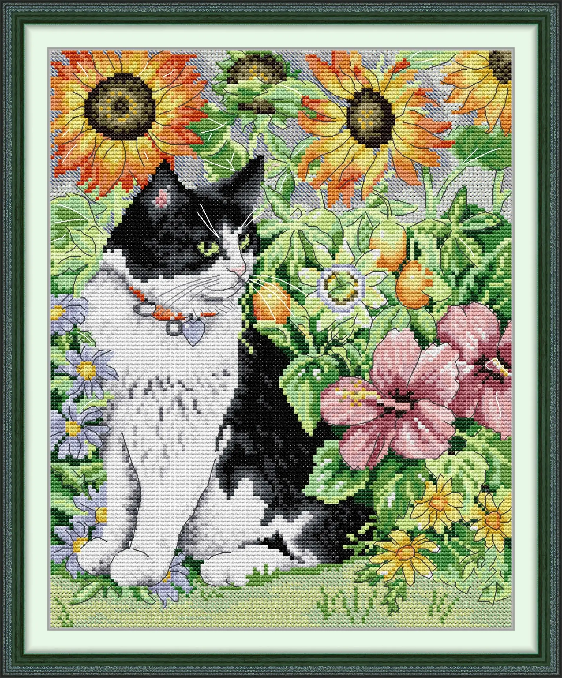 

Maydear Full Cross Stitch Kit,11CT/14CT/16CT/9CT Aida Fabric,DMC Threads Sewing Pattern Embroidery Set-Cat in flower
