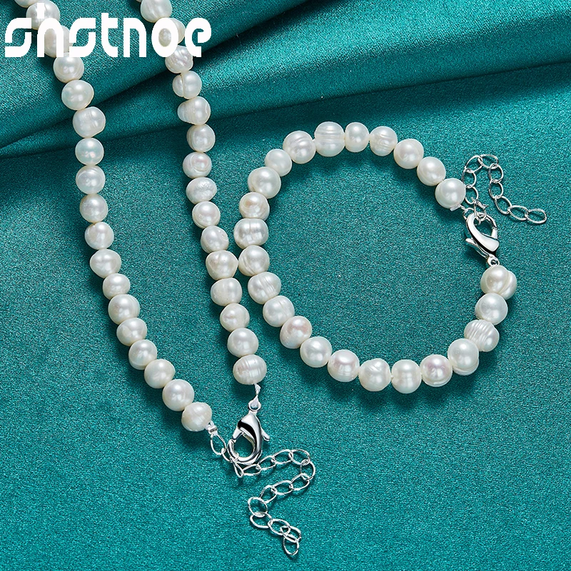 2pcs 925 Sterling Silver Charm Jewelry Sets 7-8mm White Pearl Necklace Bracelets Set For Woman Lady Party 16-18cm Classics Chain