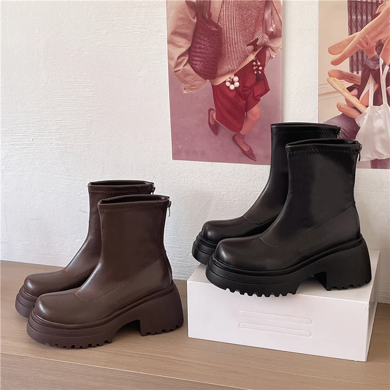 2026 Fall/Winter New Short Boots, Vintage Back Zipper High Heel Stretch Slim Boots in Brown Chelsea