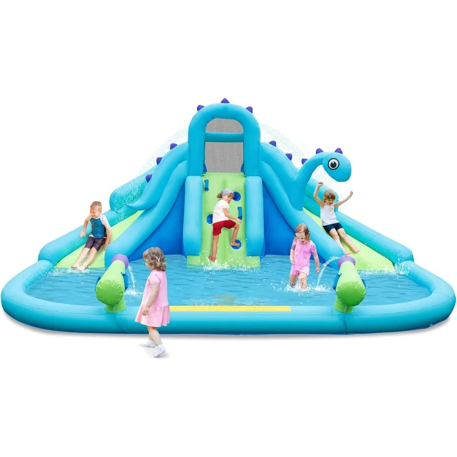 Opblaasbaar waterglijbaanpark, opblaasbare dinosauruswaterglijbanen met splashpool, dubbele glijbanen, klimmuur, buiten achtertuin Mega Boun