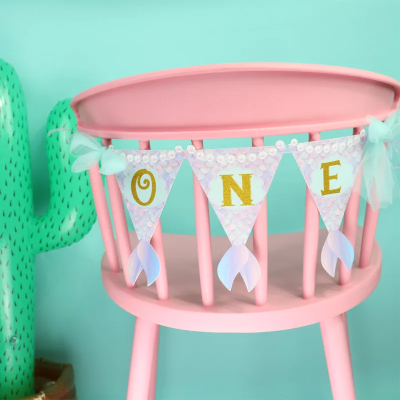 דגל למשוך בתולת ים עבור שולחן יום הולדת וכסאות, ציוד קישוט מסיבה, נצנצים, נושא בתולת ים