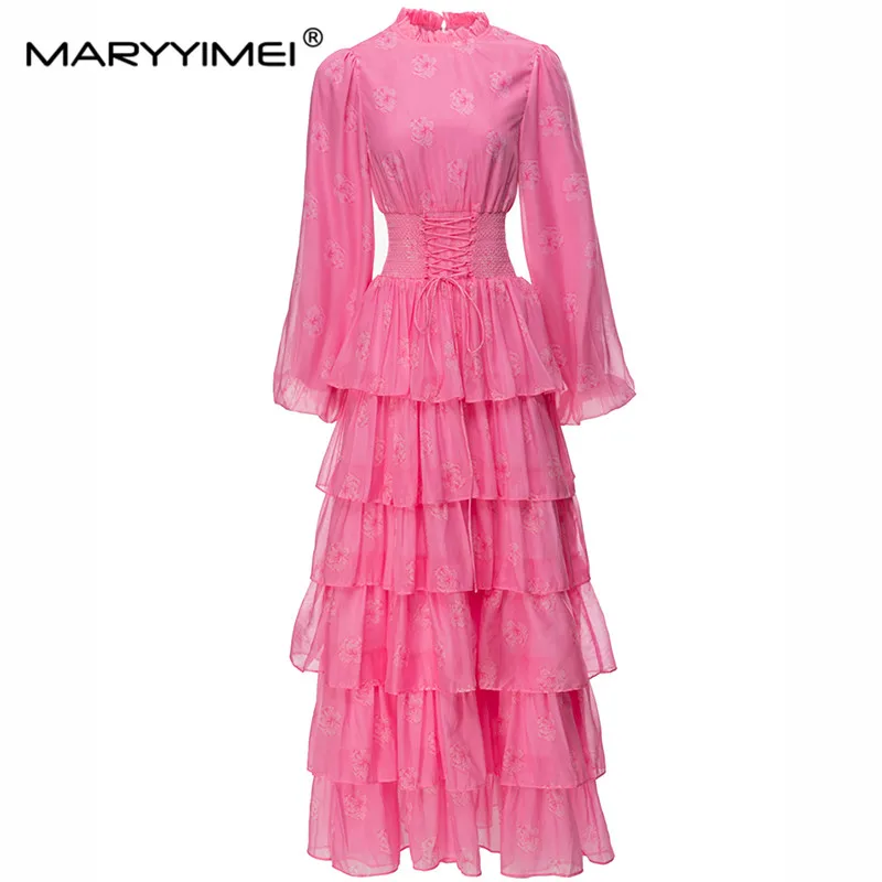 

MARYYIMEI Lantern Sleeve Layered Ruffle Elastic Waist Print dress 2023 Spring Autumn New Holiday Waist Up Long Dresses