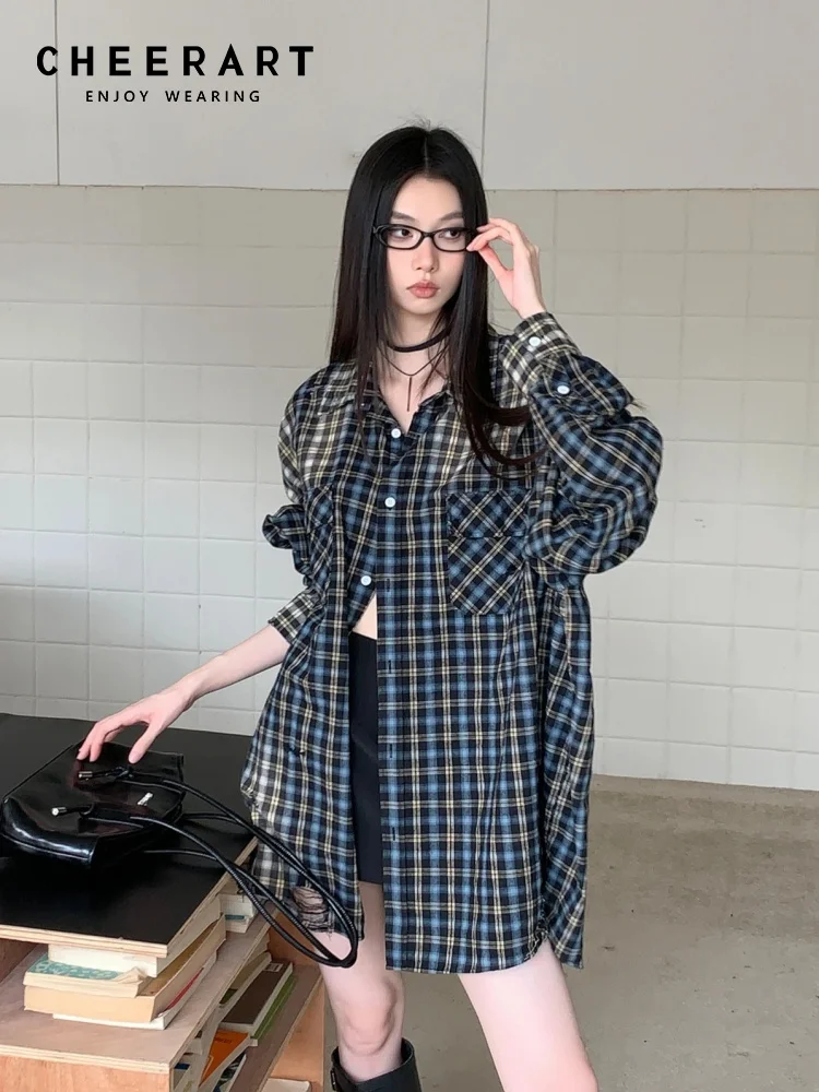 CHEERART Plaid Washed Long Sleeve Oversized Shirt Fall Clothes 2024 Women Button Up Blue Collar Shirt Autumn Fashion