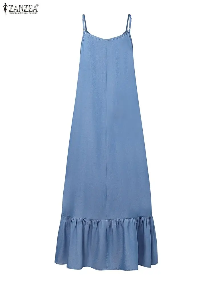 فستان خريف 2025 من ZANZEA عباية إسلامية فستان صيفي بدون أكمام من قماش الدنيم فستان صيفي أزرق رداء نسائي ملابس إسلامية