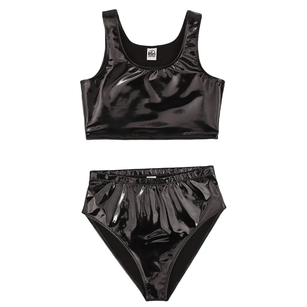 Women Vest Shiny PU Leather 2 Piece Outfit Sleeveless Crop Tank Top High Waist Shorts Set Wet Look Clubwear Briefs Party Costume view 4
