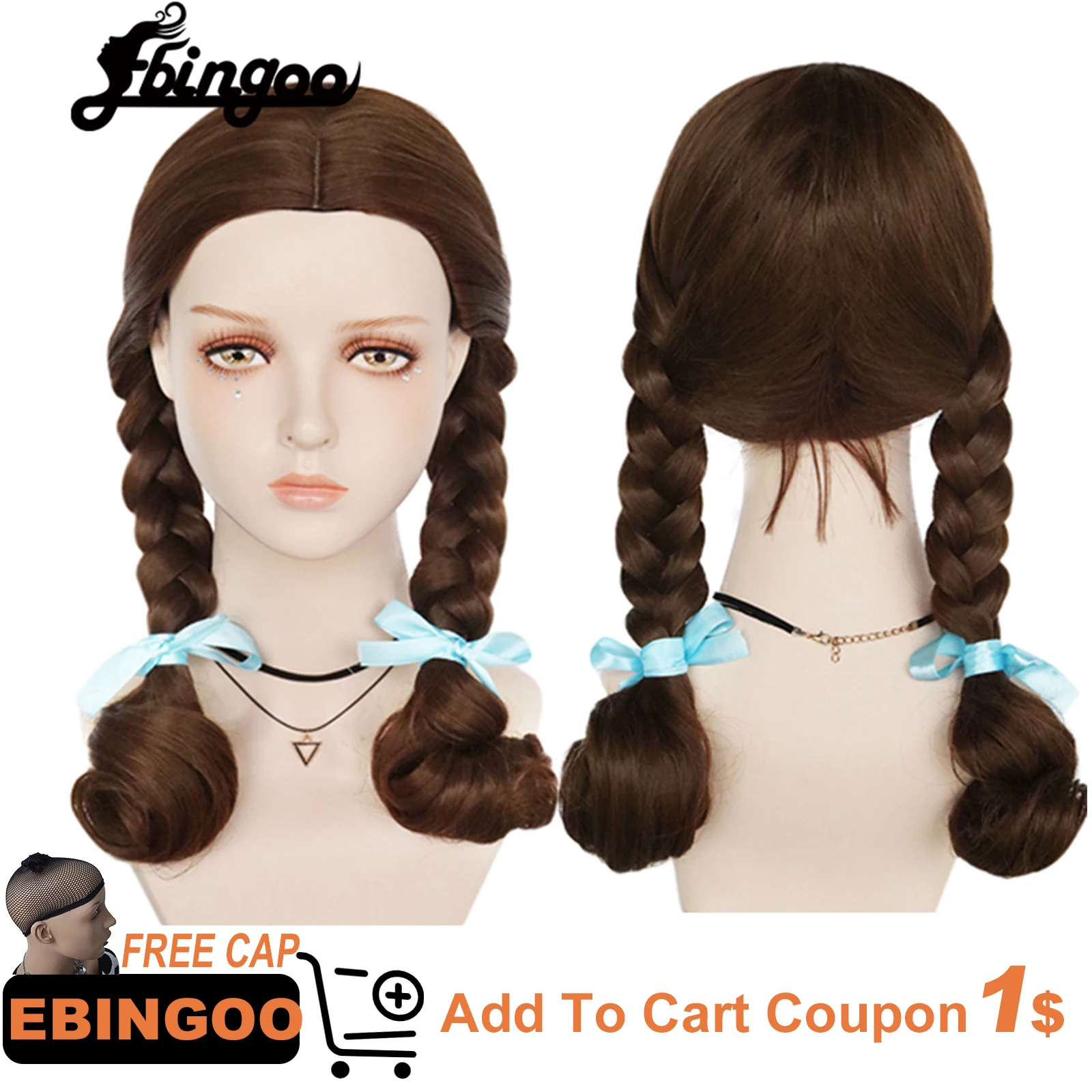 Ebingoo Dorothy Cosplay Wig DG Girl Dorothy Brown Curly Ponytails Heat-resistant Fiber Synthetic Hair Wigs