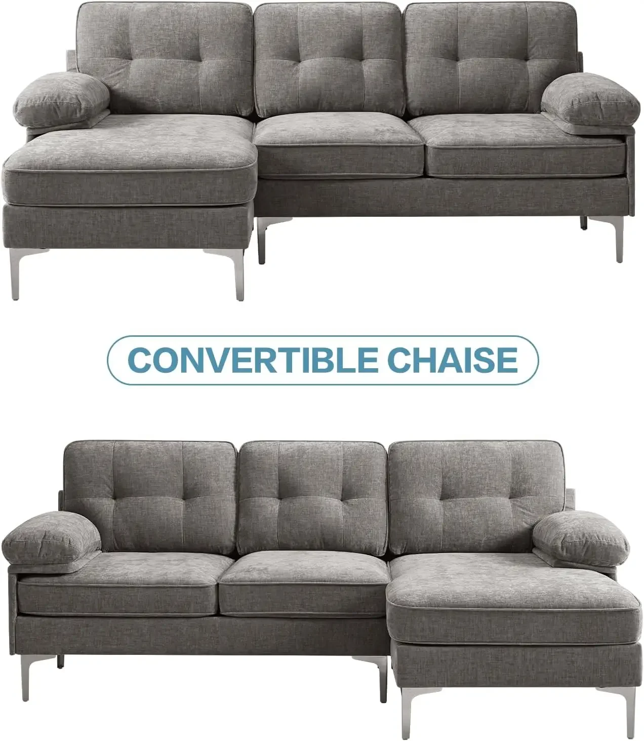 L-Shape Sofa with Reversible Chaise Lounge Convertible Sectional Sofa Couch Chenille Modern Couch for Living Room