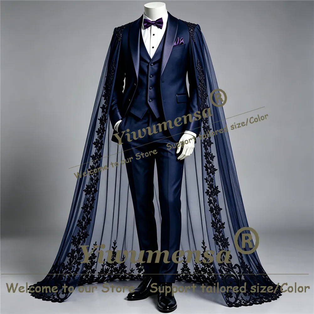 Exclusive Design Stage Suits Men Formal Wear Single Breasted Prom Blazer With Applique Tulle Cape Long Customized Groom Tuxedo