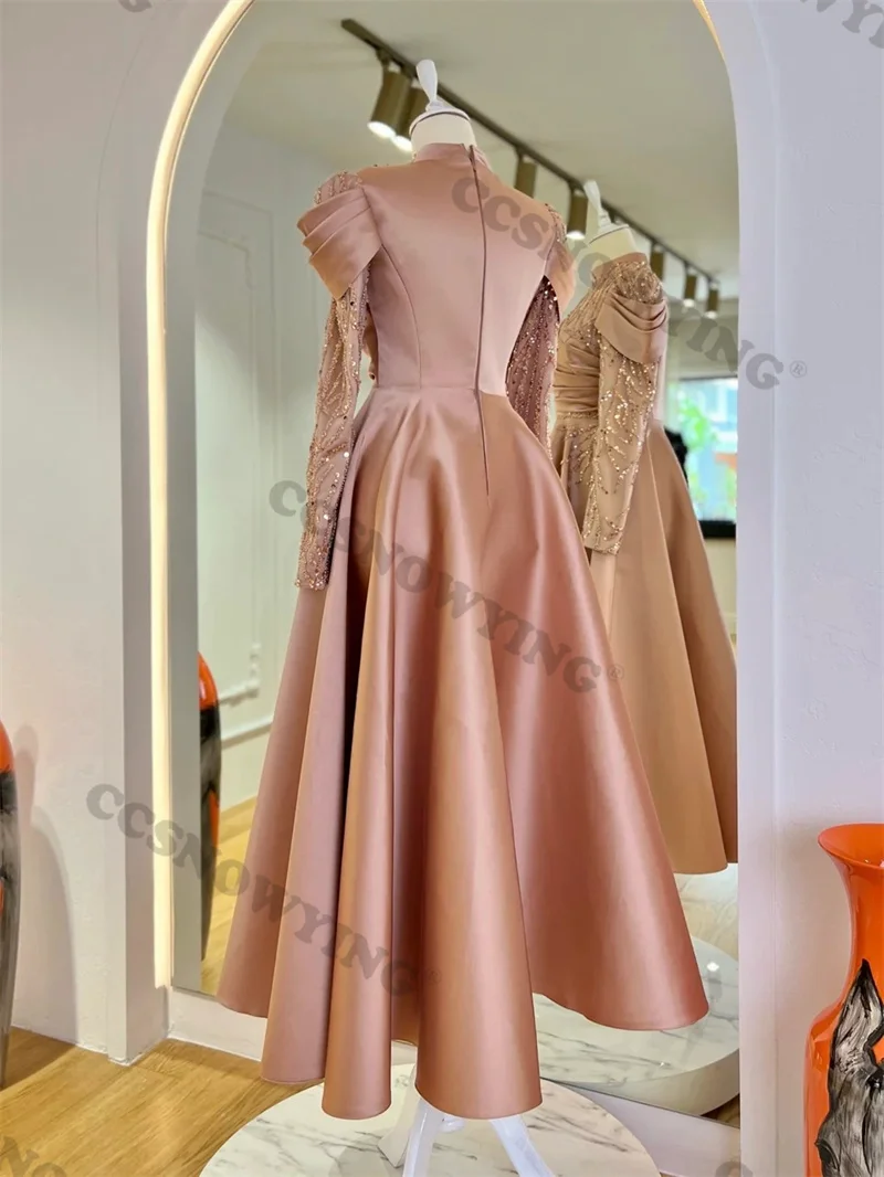 Gaun malam Muslim payet applique Satin gaun pesta Formal Islam lengan panjang gaun wanita leher tinggi jubah Arab De Soiree