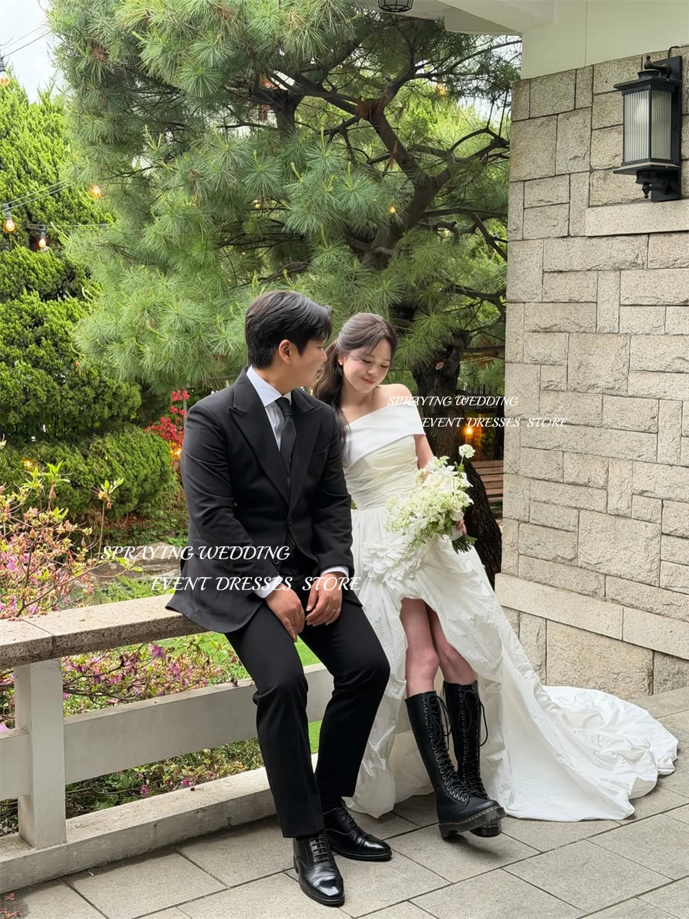 SPRAYING Taffeta Strapless shawl Wedding Dresses Korea Photo Shoot Front Short Back Long Bridal Gown Corset Customized 웨딩드레스