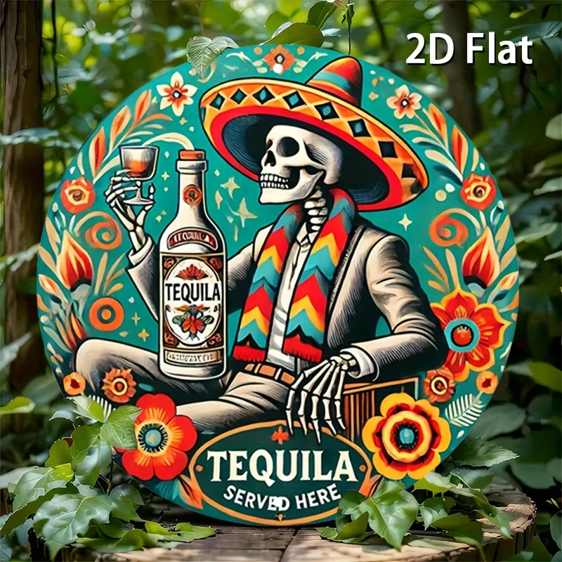 2D Flat, Two-dimensional flat style vintage round aluminum sign - tequila-themed metal mural, vibrant Mexican decor design, suit