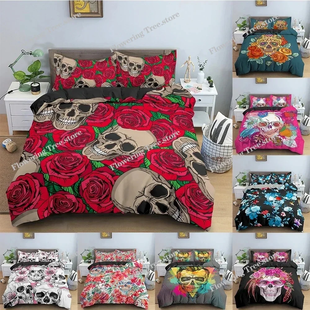 

Skull Duvet Cover Set Flowers Bedding Set Quilt Cover With Pillowcase King Queen Twin Full Size Bedclothes Bedroom Decor