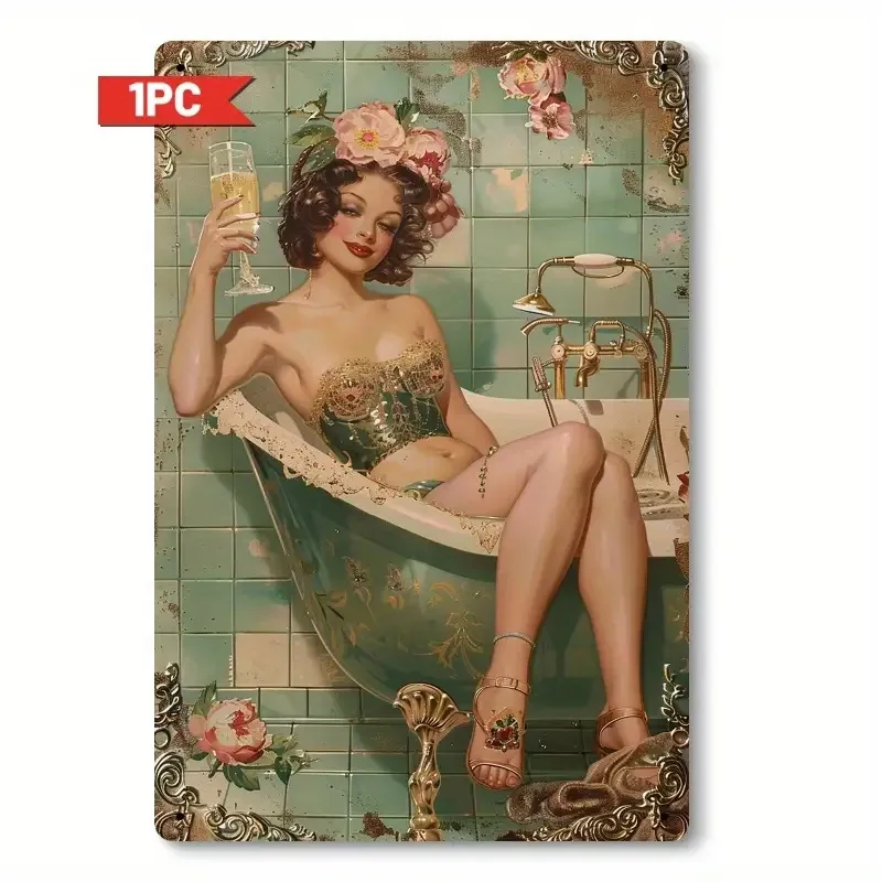 Metal Tin Box - Victorian Elegant Woman in Bathtub with Floral Decor & Champagne Glass, Antique Bathroom Art Wall-Mountable Dur