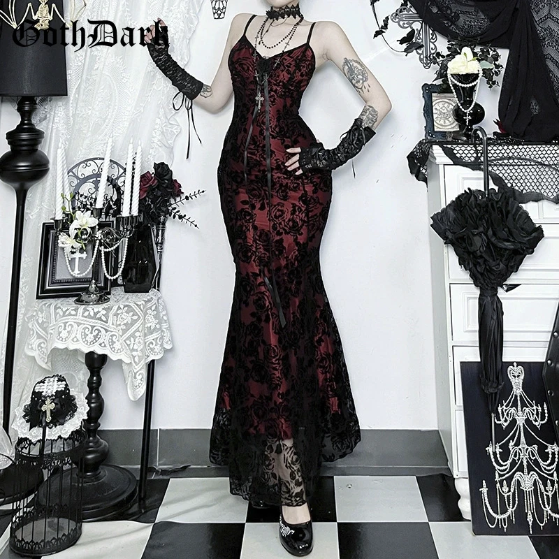 고스 다크 레드 컬러 캐미 프린세스 파티 가운 90년대 E-걸 레이스 스티치 헴 롱 드레스 섹시 백리스 드레스 몰 고딕 테크웨어