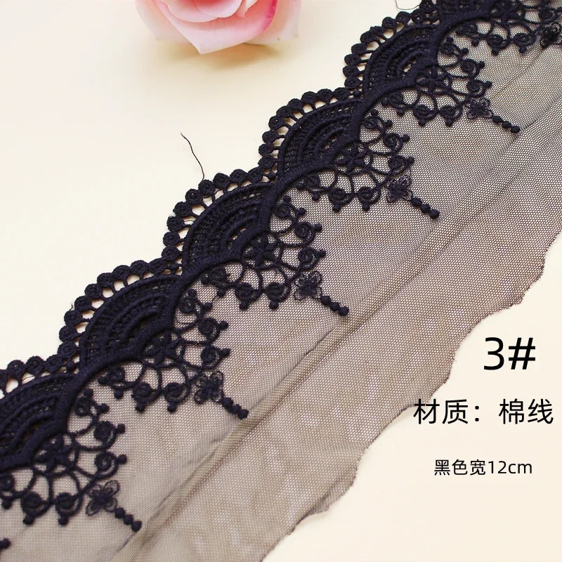 Beautiful Cotton Mesh Lace Fabric, Embroidered Lace Trim, Black, Off-White, Width 12cm, 5Yds per Lot