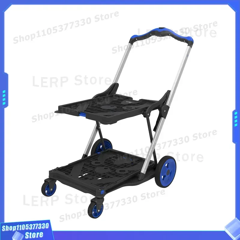 Heavy Duty Double Layer Folding Cart PP Material 4 Wheel Platform Trolley with Removable Basket for Warehouse Logistics OEM