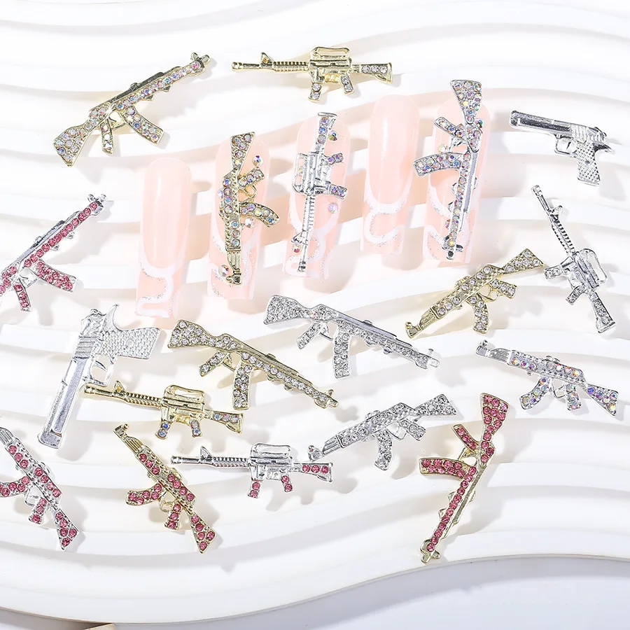 10Pc Gun Vorm Hiphop Sieraden Nail Steentjes Zilver Goud Metalen Manicure Figuren Diy 3d Wapen Charmes Punk Nail Art Decoratie