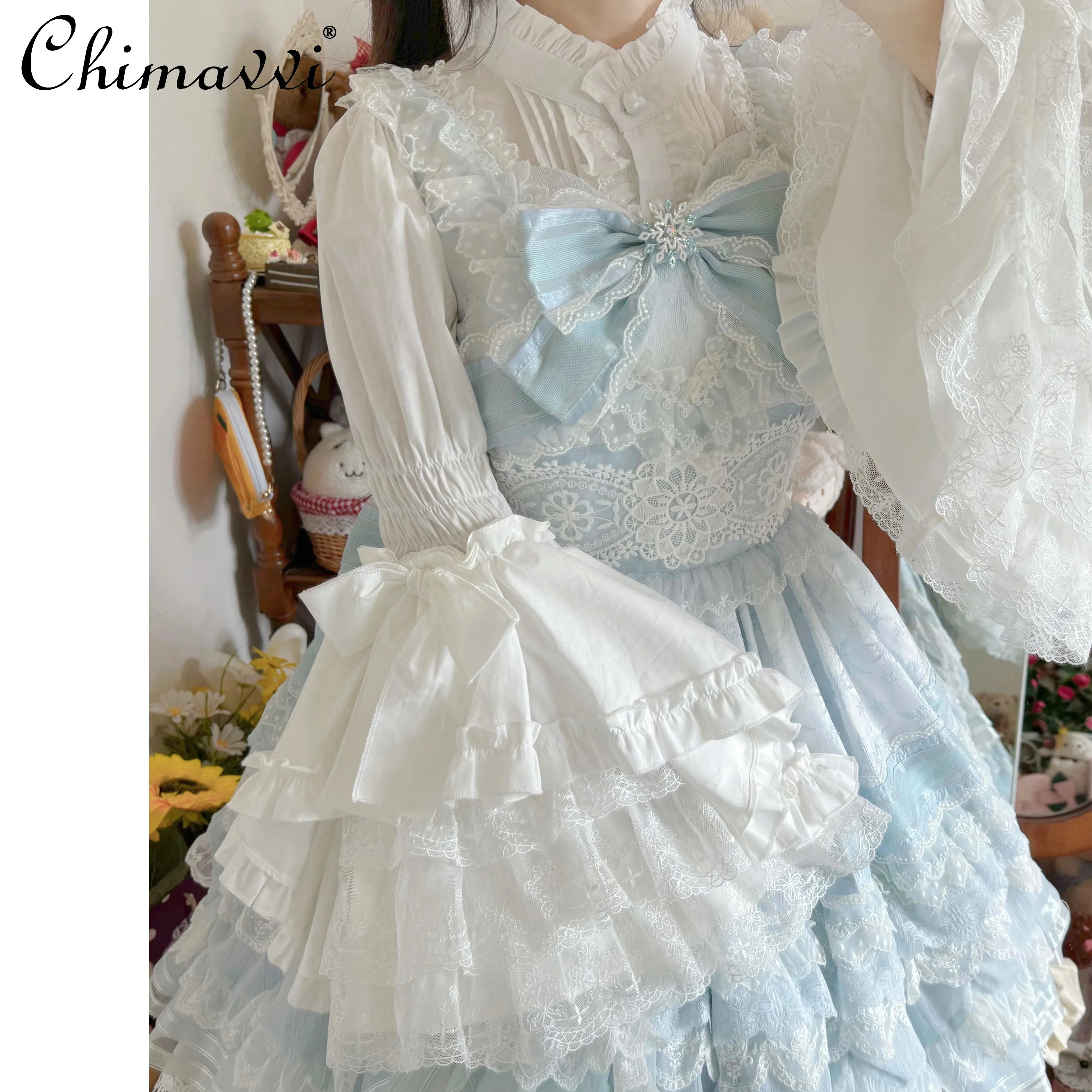 오리지널 로리타 긴팔 스탠드 칼라 지 슬리브 셔츠 백킹 셔츠 가을 새 스위트 소녀 루즈 레이스 스플 라이스 블라우스 탑