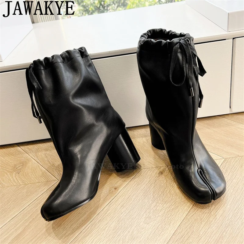 Genuine Leather Split Toe Chunky High-heel Ankle Boots Women Brown Black Lace Up Punk Boots Winter Fashion Week Short Boots Woma