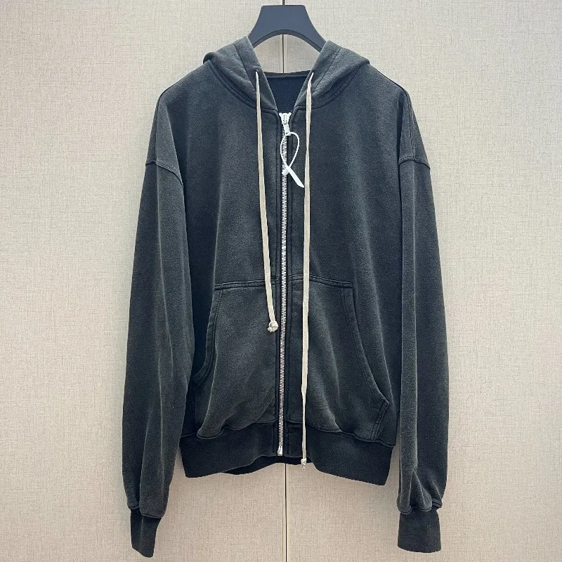 2026AW High Street Dark Men Washed Vintage Hooded Zip Up Loose Sweatshirt Jacket Men's Clothing