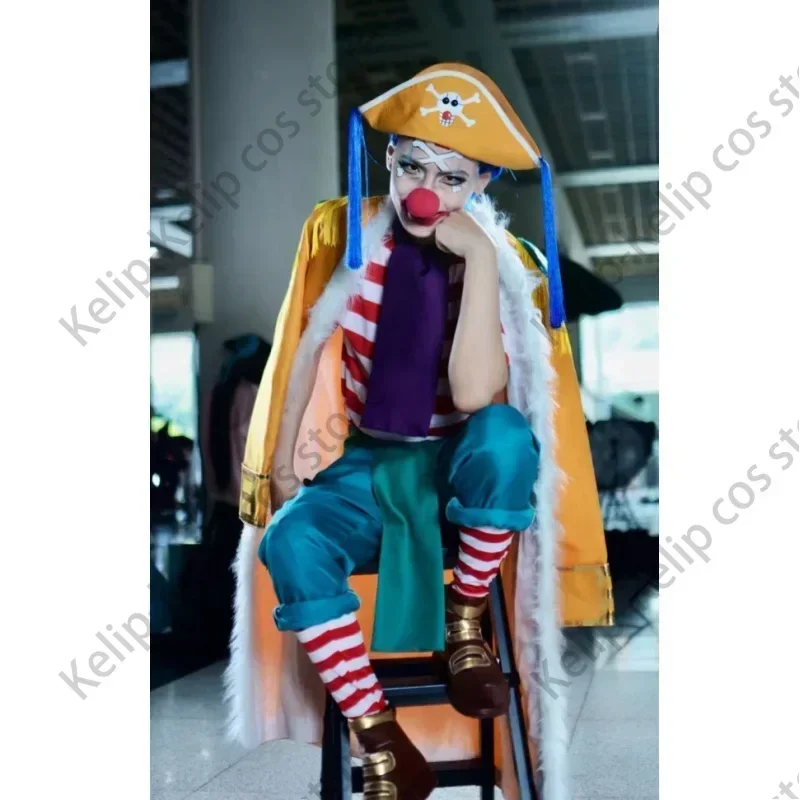 Anime Buggy Cosplay Costume Bara Bara No Mi Chop-Chop Fruit Wig Hat Yellow Cloak Stripe T-shirt Shoes Adult Man Christmas Suit