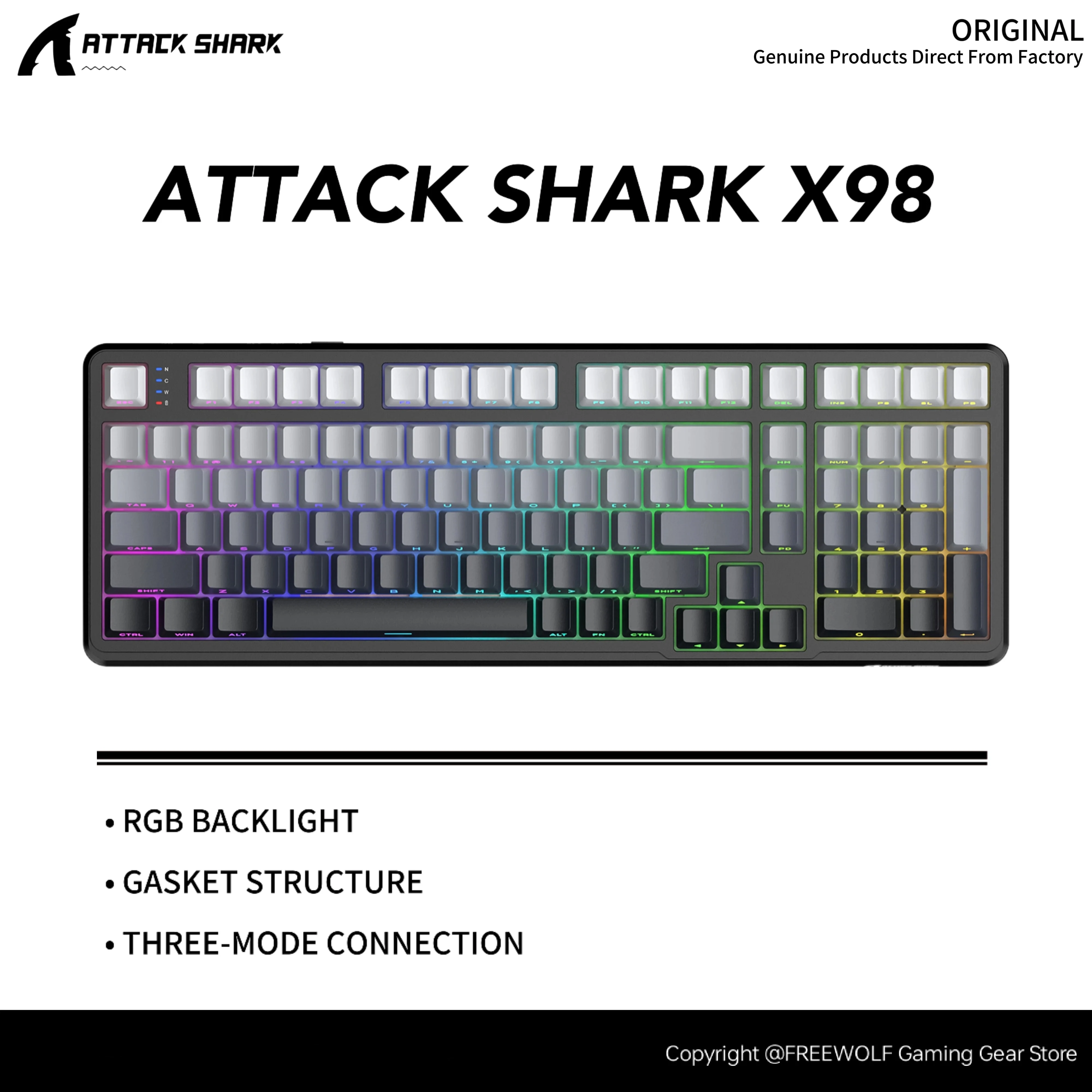 X98 Bluetooth Wireless Mechanical Keyboard,Attack Shark RGB Backlight,Gasket Structure,Fully Hot-swappable Keys,4000mAh Battery