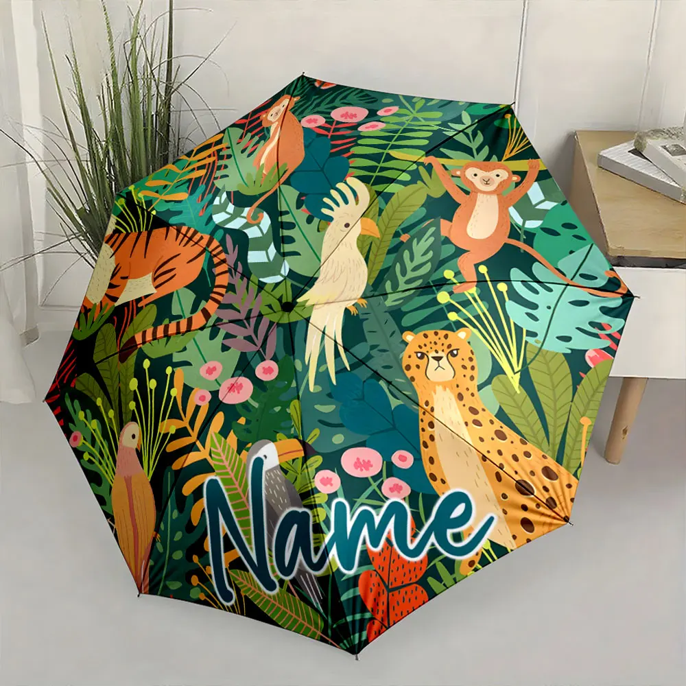 Custom Name Colorful Tropical Animal Theme Umbrella Print 8 Iron Ribs Folding Umbrella, Auto-Open Fashion Sunshade